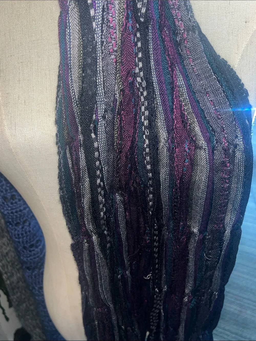 Lightweight Striped Fringe Scarf - Black & Purple Bohemian Crinkle Textured S197